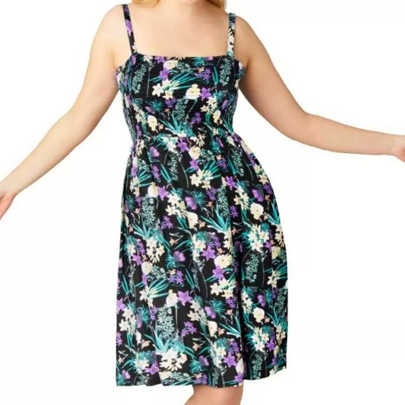 Ellos Floral Sleeveless Strappy Smocked Bodice Tank Sun Dress Plus Size 2X 26/28 - Picture 2 of 13